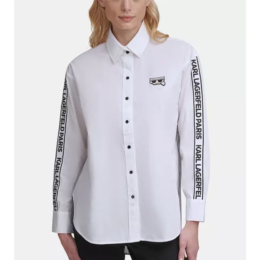 Karl Lagerfeld Paris White Stripe Button Down Logo Long Sleeve Shirt